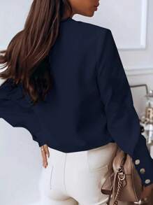 INAWLY Của phụ nữ Nút-Mặt trước Màu thuần Giải trí Áo sơ mi - Màu xanh hải quân - Xem 2