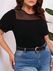SHEIN Clasi Blusa Corta De Manga Corta De Talla Grande Para Mujeres Con Panel De Malla - Negro - Ver 4