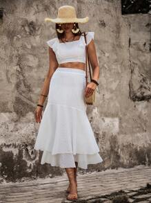 Breezaya Ladies' Plain Color Ruffle Detail Decorated Casual Two Piece Set - White - View 1