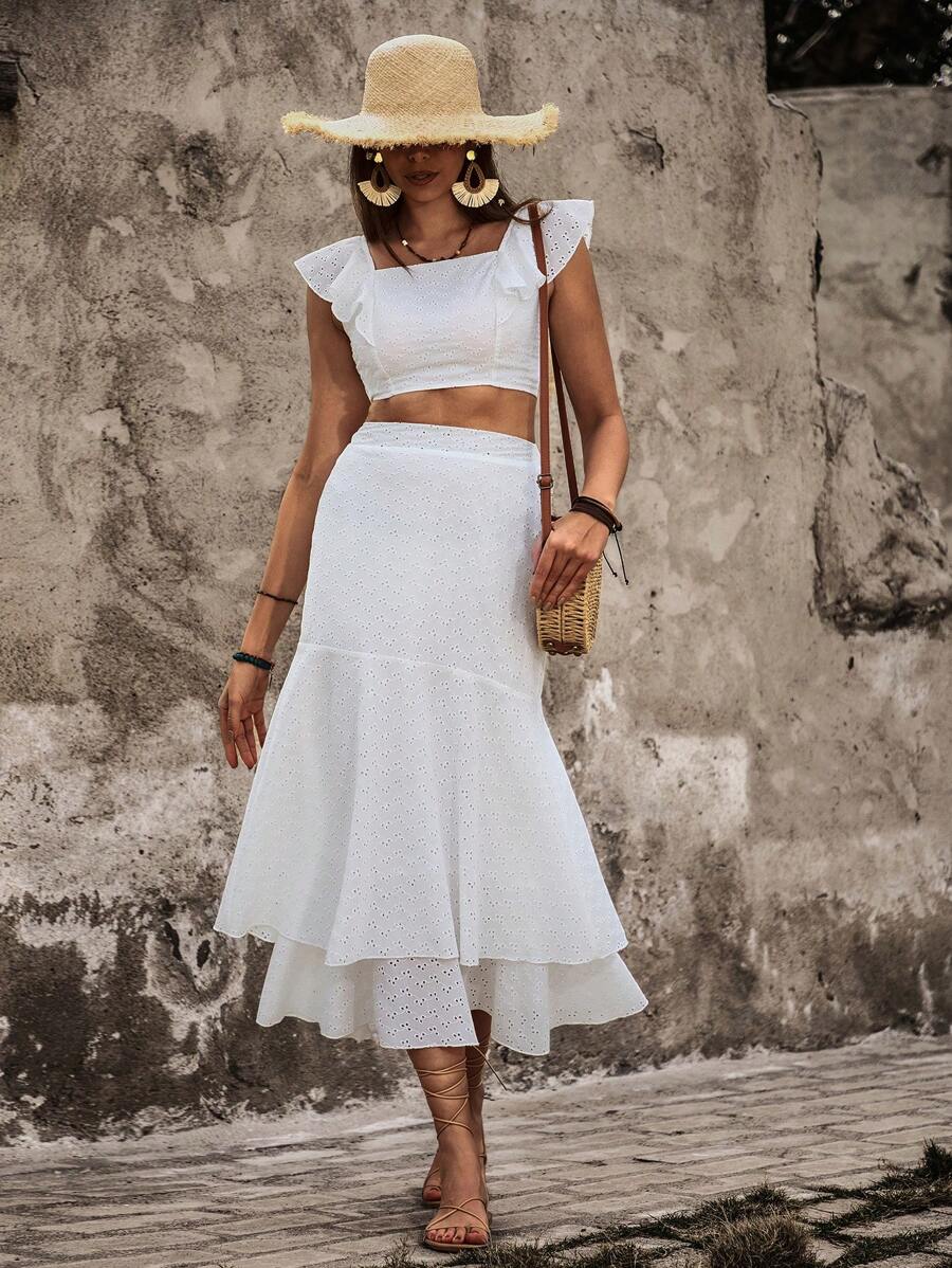 Breezaya Ladies' Plain Color Ruffle Detail Decorated Casual Two Piece Set - White - View 1