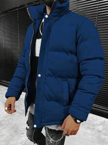 Loose Fit Men's Solid Color Stitching Casual Fashion Padded Coat - Blue - View 1
