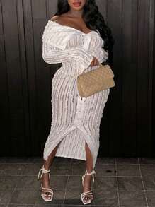 Women's Off-Shoulder Long Sleeve Knitted Dress - White - View 3