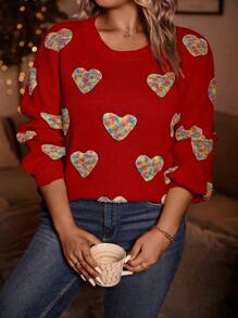 Calvaya Plus Size Heart Pattern Drop Shoulder Sweater