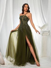 VIPGIRL 无袖亮片网眼舞会礼服，不对称领口设计，优雅正式晚宴婚礼宾客礼服，适合毕业典礼、晚宴派对礼服