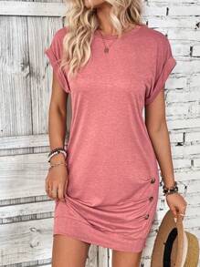SHEIN LUNE Women's Batwing Short Sleeve Round Neck Dress - Rusty Rose - View 1