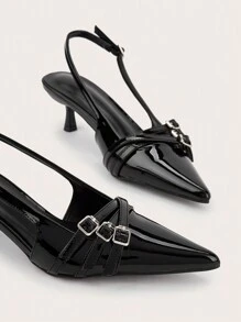 Sexy Black Patent Leather Pointed Toe High Heels With Thin Heel And Metal Buckle For Wedding & Party