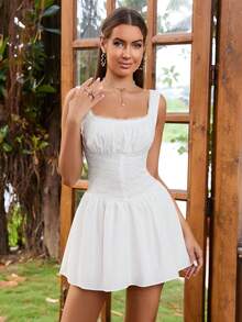 PARTHEA Backless Square Neck Lace Spliced Ruched Bodycon Dress - White - View 3