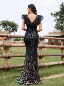 XUIBOL Women's V-Neck Sequin Backless Mermaid Formal Evening Gown Black Elegant Prom Wedding Guest Dress, For Graduation, Dinner