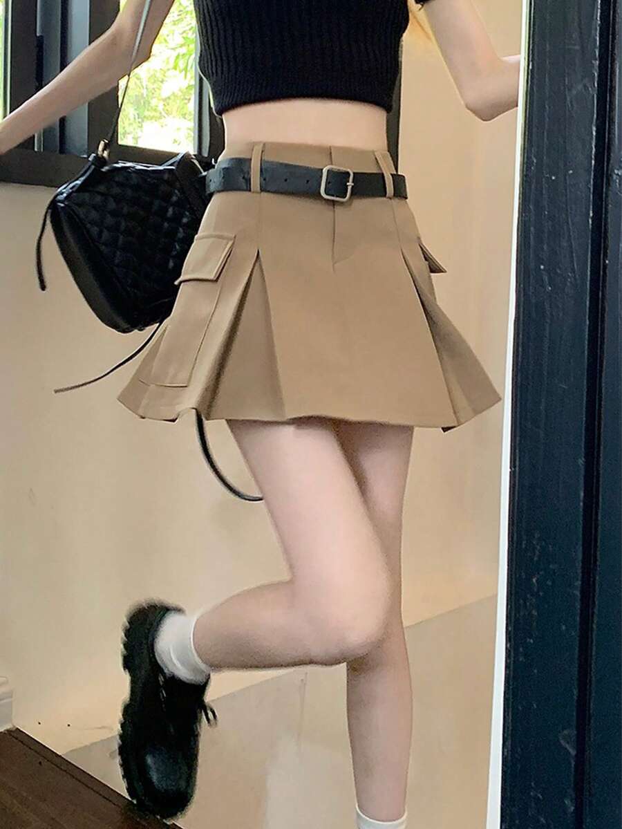 High Waisted Pleated Skirt With Large Pockets - Khaki - View 1