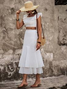 Breezaya Ladies' Plain Color Ruffle Detail Decorated Casual Two Piece Set - White - View 4