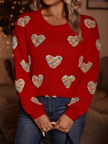 Calvaya Plus Size Heart Pattern Drop Shoulder Sweater