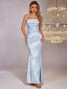 PARTHEA Women's Backless Criss-Cross Strap Jacquard Satin Maxi Dress - Blue - View 6