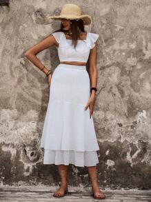 Breezaya Ladies' Plain Color Ruffle Detail Decorated Casual Two Piece Set - White - View 5