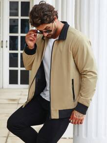 Manfinity Homme 男士加大撞色领拉链户外风衣夹克 - 卡其色 - 查看 4