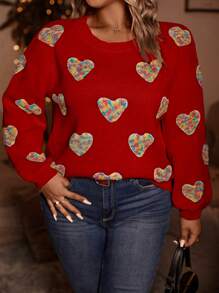 Calvaya Plus Size Heart Pattern Drop Shoulder Sweater