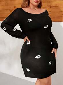 SHEIN LUNE Plus Size Women's Lip Print Short Sweater Dress - Black and White - View 3