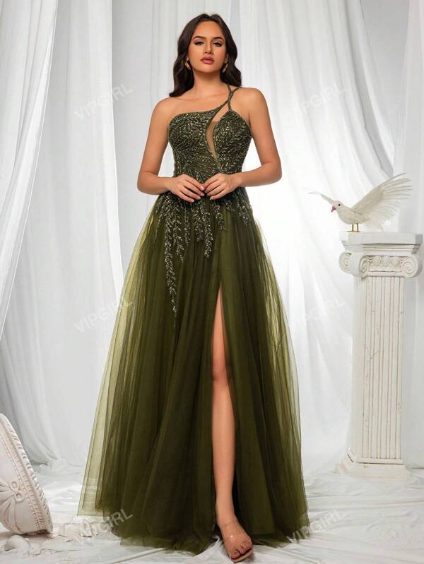 VIPGIRL Sleeveless Sequin Mesh Prom Dress With Asymmetrical Neck Design, Elegant Formal Evening Wedding Guest Gown, For Graduation, Dinner Party Dress