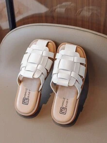 兒童涼鞋,夏季時尚的羅馬編織半拖鞋,帶平底和閉鎖式鞋頭,適合女孩 - 米色 - 查看 2