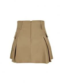 High Waisted Pleated Skirt With Large Pockets - Khaki - View 2