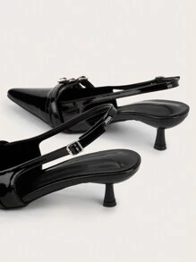Sexy Black Patent Leather Pointed Toe High Heels With Thin Heel And Metal Buckle For Wedding & Party