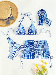 SHEIN Swim 夏季海滩四件套比基尼套装，带波尔卡圆点印花 - 分离式上衣和下装嘉年华 - 彩色 - 查看 3