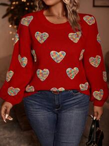 Calvaya Plus Size Heart Pattern Drop Shoulder Sweater