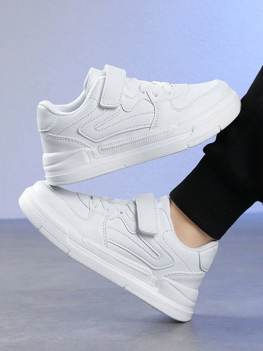 儿童春秋季纯色学生风易穿厚底运动鞋，采用松紧带魔术贴设计，可调节，方便穿脱，适合日常穿搭，白色运动鞋/休闲鞋 - 白色 - 查看 1