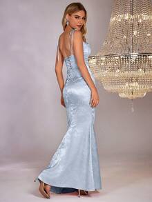 PARTHEA Women's Backless Criss-Cross Strap Jacquard Satin Maxi Dress - Blue - View 2