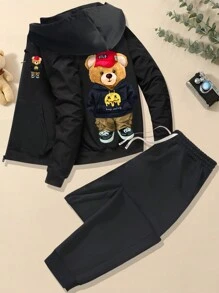 Nuevo conjunto de dos piezas para hombres para primavera y otoño con diseño de oso impreso, conjunto informal y para exteriores con cintura elástica y con cordón, pantalones con bolsillos, ideal para camping y viajes