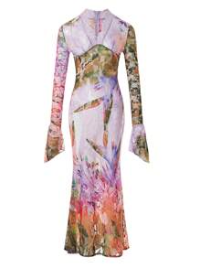 情人节喇叭袖蕾丝鱼尾连衣裙，女士哥特式性感圣诞服装 - 彩色 - 查看 7