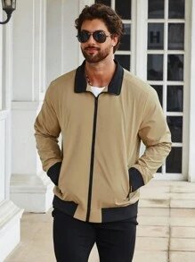 Manfinity Homme 男士加大撞色领拉链户外风衣夹克 - 卡其色 - 查看 3