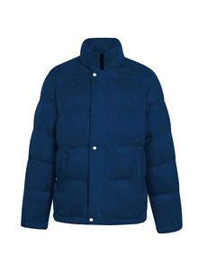 Loose Fit Men's Solid Color Stitching Casual Fashion Padded Coat - Blue - View 3