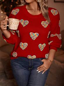 Calvaya Plus Size Heart Pattern Drop Shoulder Sweater