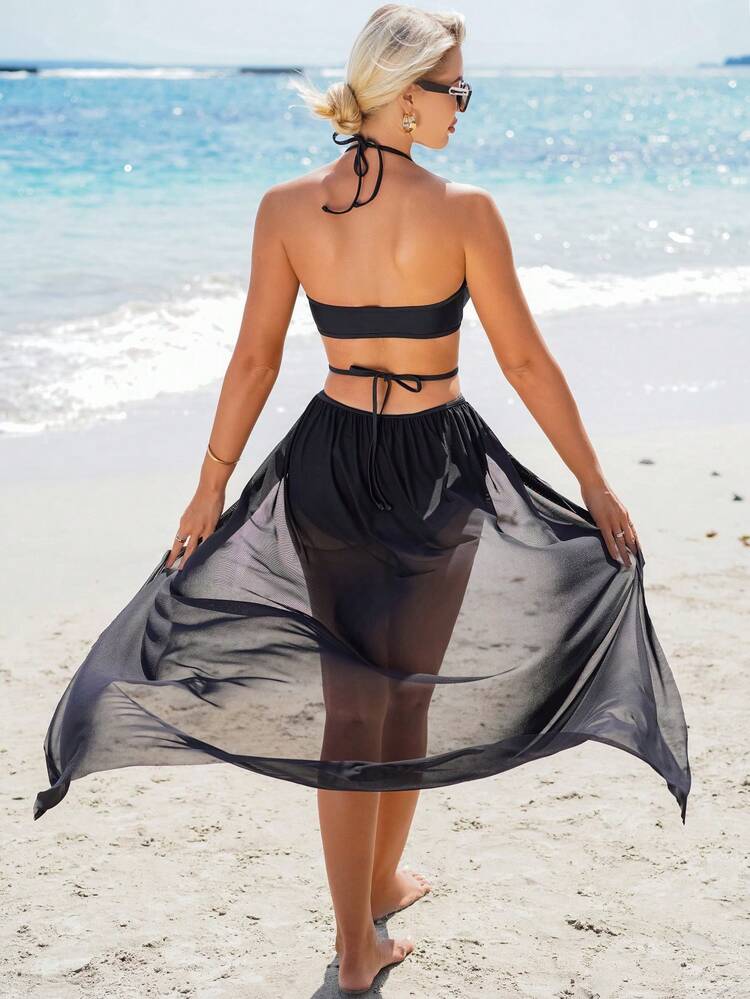 Women'S Solid Color Halter Top And Triangle Bikini Set With Sheer Cover Up Summer