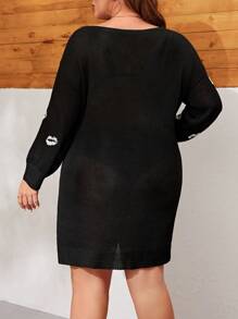 SHEIN LUNE Plus Size Women's Lip Print Short Sweater Dress - Black and White - View 2