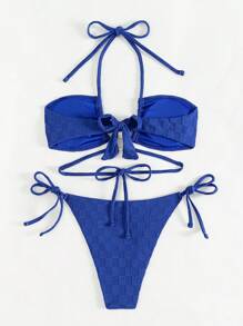 SHEIN Swim Bộ bikini xẻ tà cổ yếm họa tiết dành cho nữ Lễ hội âm nhạc Bãi biển mùa hè - Màu xanh lam - Xem 2