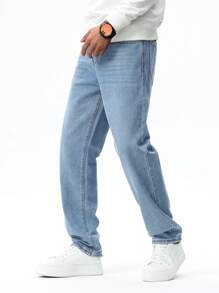Manfinity Hypemode Men's Straight Leg Jeans With Washed Finish Long Light Jean Cargo Plain Blue Going Out Basic Friends