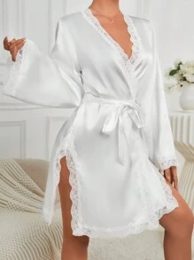 Ladies' Lace Patchwork Belted Robe With Ribbon - White - View 3