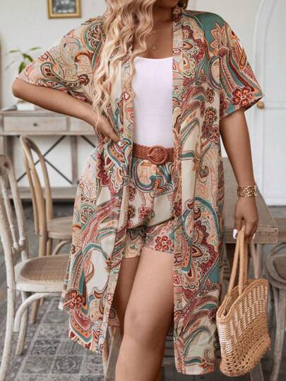 Breezaya Conjunto de top con mangas tipo kimono y shorts con estampado de paisley para mujer de talla grande