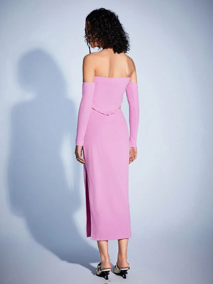 Women's Solid Color Off Shoulder Top And Straight Skirt Two Pieces Set