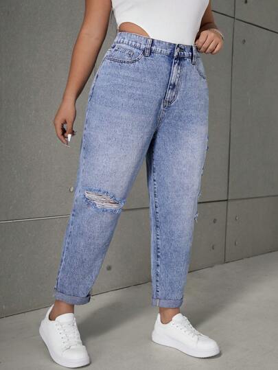 Dripcurv 大码女式浅蓝色破洞牛仔裤，适合所有季节，休闲街头风格，复古富贵感。