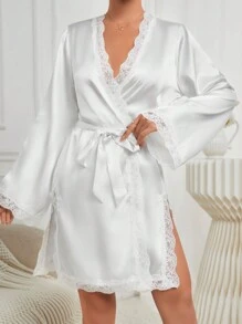 Ladies' Lace Patchwork Belted Robe With Ribbon - White - View 7