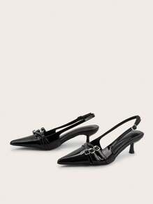Sexy Black Patent Leather Pointed Toe High Heels With Thin Heel And Metal Buckle For Wedding & Party