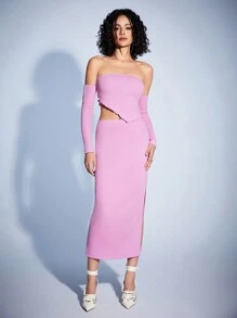 Forever 21 Women's Solid Color Off Shoulder Top And Straight Skirt Two Pieces Set - Pink - View 3