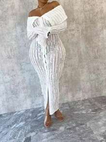 Women's Off-Shoulder Long Sleeve Knitted Dress - White - View 4