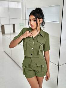 Y2K Street 2Pcs Flap Pocket With Strap Button Fly Lapel T-Shirt Top & Elastic Waist Short Daily Casual Cargo Set - Dark Green - View 5