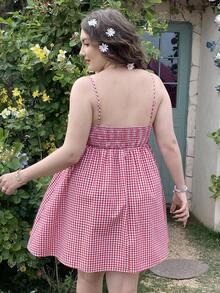 Dreamara 女裝大尺碼紅色格紋肩帶裙,帶蕾絲搭配裙襬 - 彩色 - 查看 6