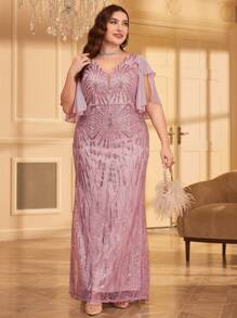 Plus Size Elegant Sequin Dress, Bridal Gown, Birthday Women's Outfit, Graduation Dress, Formal Dress - Pink - View 4