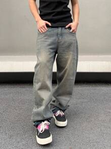 Manfinity EMRG Vaqueros De Mezclilla Lavados Con Bolsillo Diagonal Para Hombre - Azul lavado medio - Ver 1