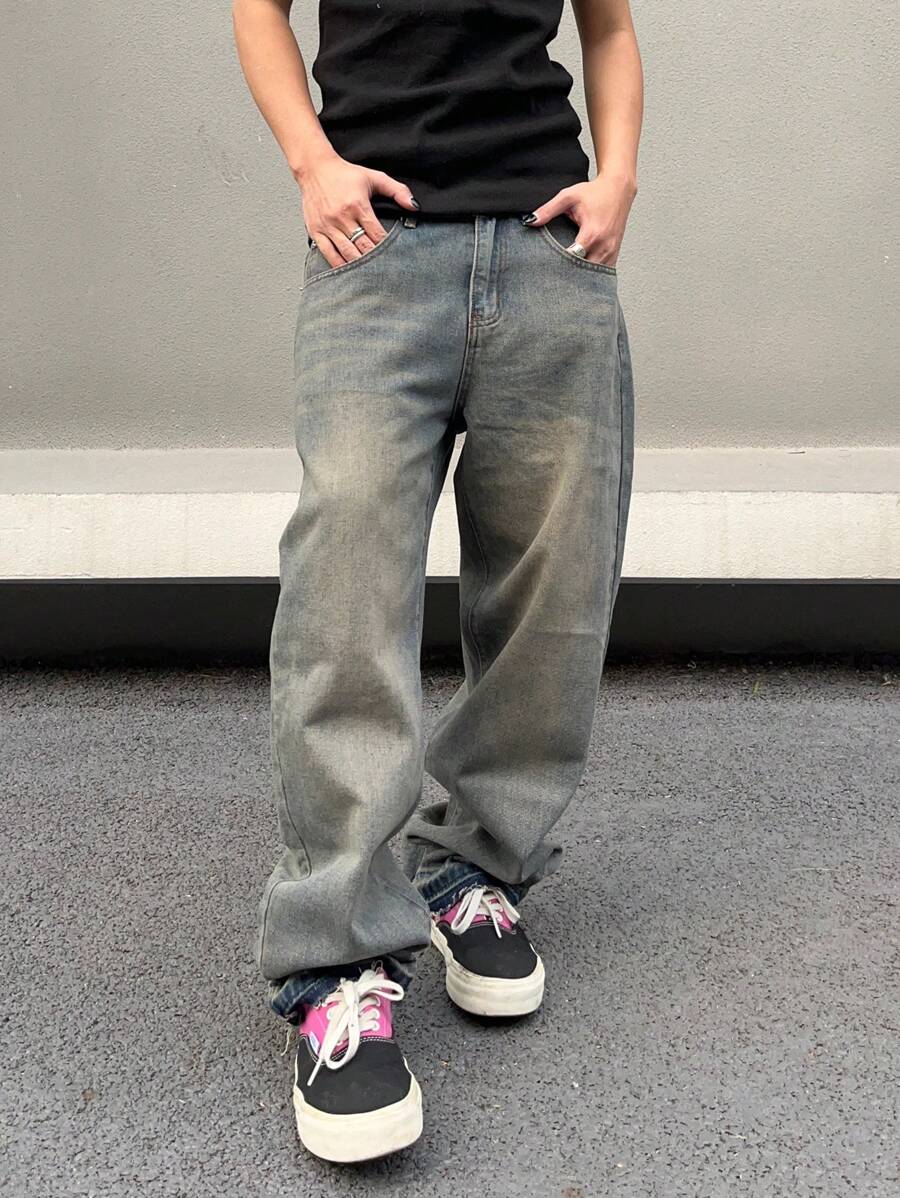 Manfinity EMRG Vaqueros De Mezclilla Lavados Con Bolsillo Diagonal Para Hombre - Azul lavado medio - Ver 1